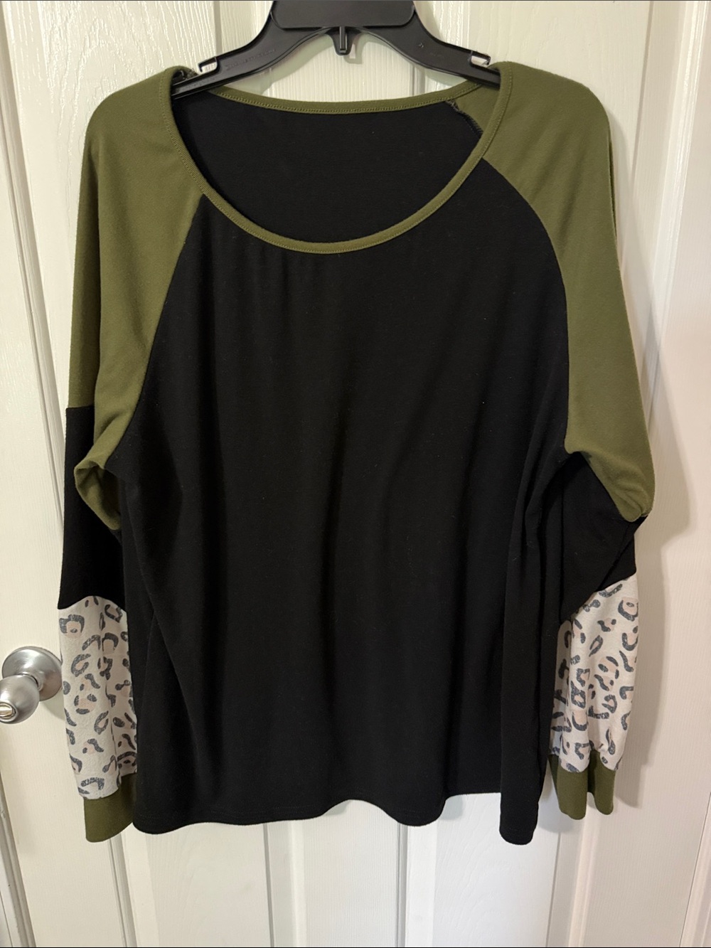 Amazon Black and Olive Raglan Pullover with Leopard Cuff Accents